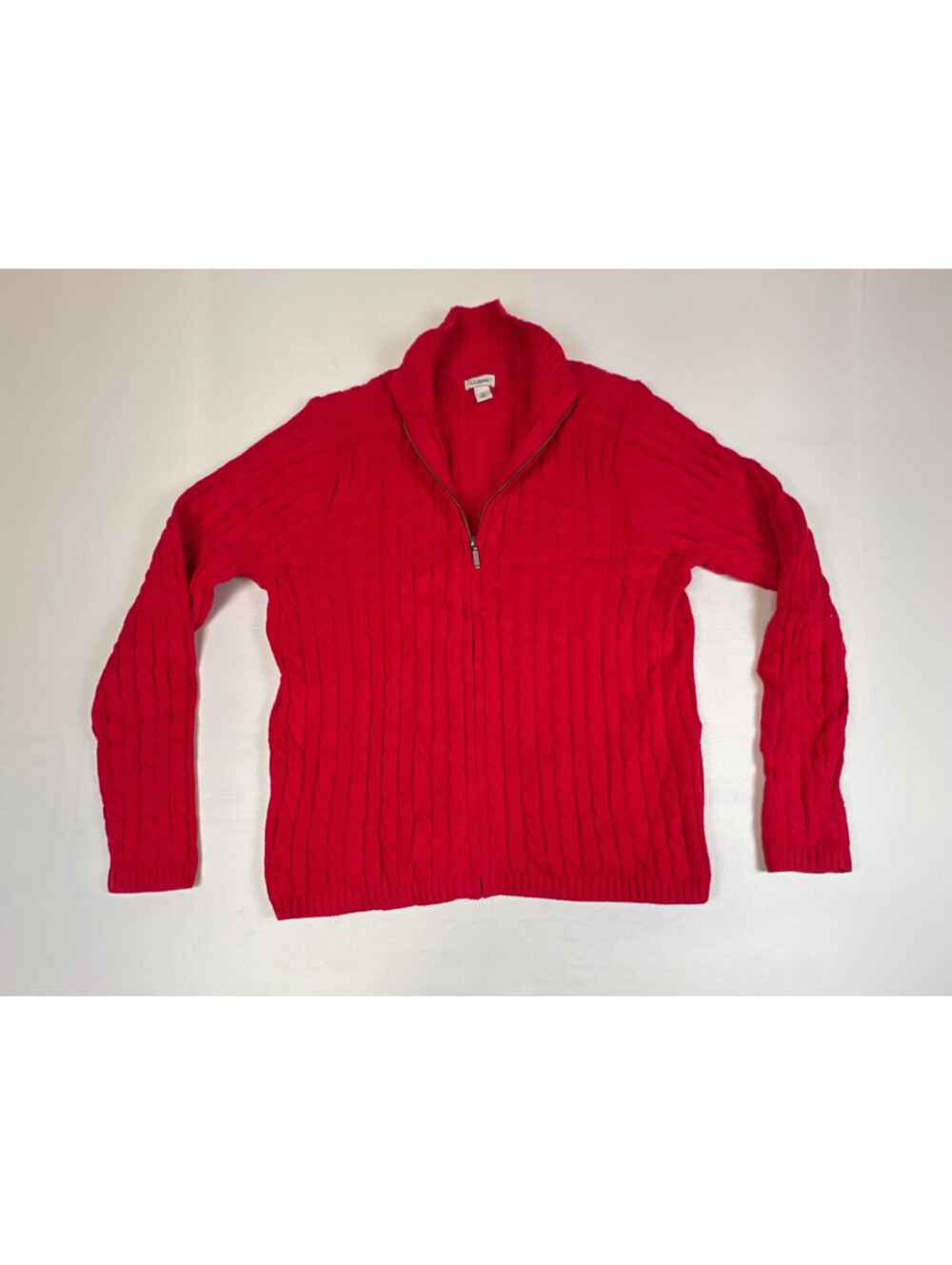 L.L. Bean Mens L Red Cotton Cable Knit Full Zip Mock Neck Sweater